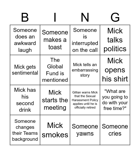 Mick's Leaving Party Bingo Card