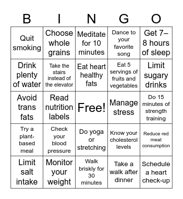 Cholesterol Education Bingo Card