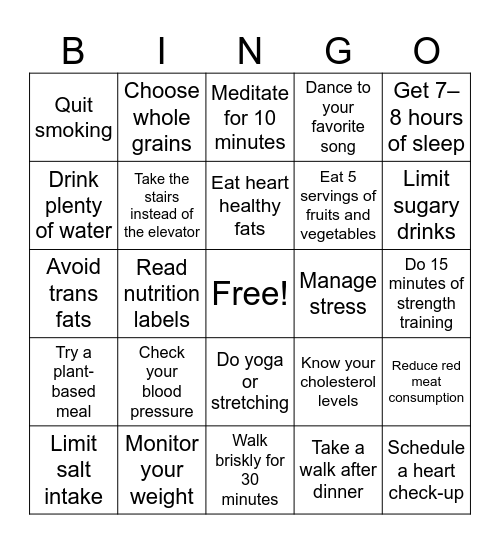 Cholesterol Education Bingo Card