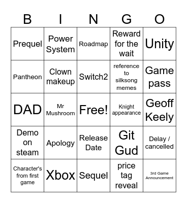 Silk Song Bingo Card