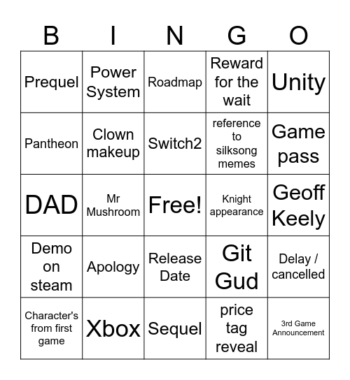 Silk Song Bingo Card