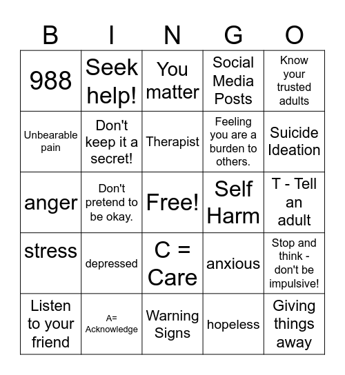 Suicide Prevention BINGO Card