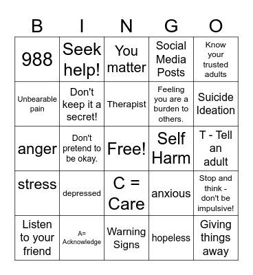 Suicide Prevention BINGO Card