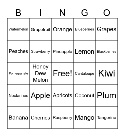 Fruits Fruits Fruits Bingo Card