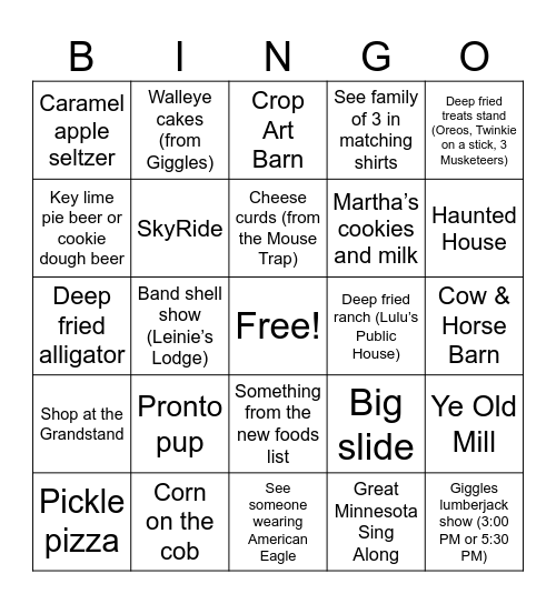 MN State Fair Bingo Card