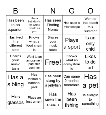 First Day of Marine Bio Class Bingo Card