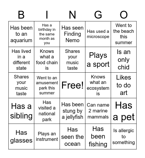 First Day of Marine Bio Class Bingo Card