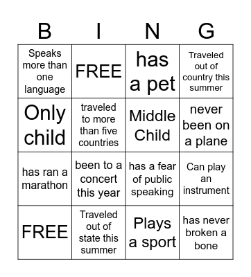Get To Know Each Other Bingo Card