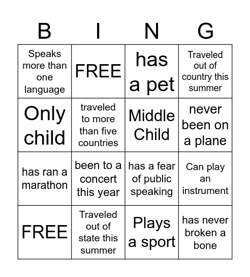 Get To Know Each Other Bingo Card