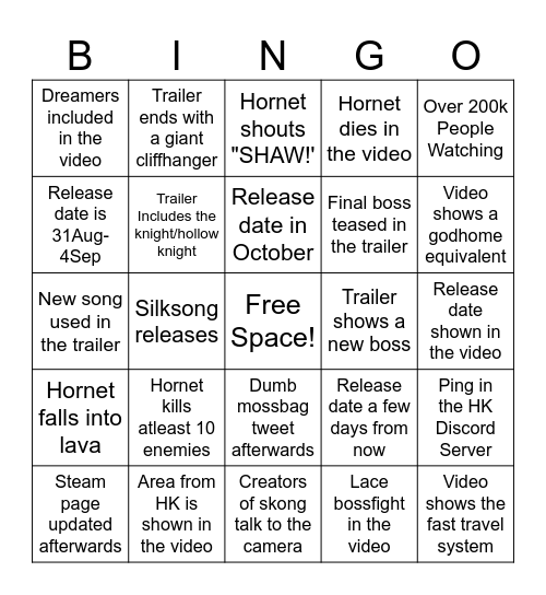 Silksong Bingo Card