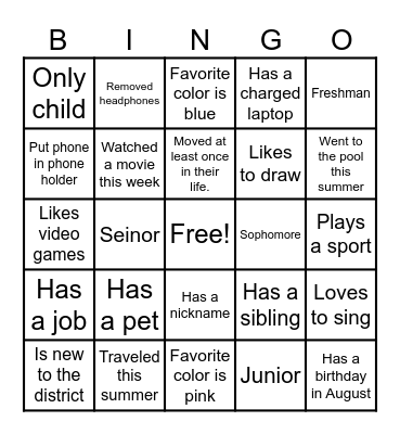 Back To School BINGO Card
