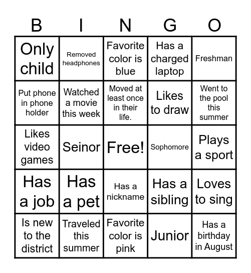 Back To School BINGO Card