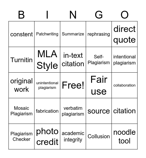 Plagiarism Bingo Card