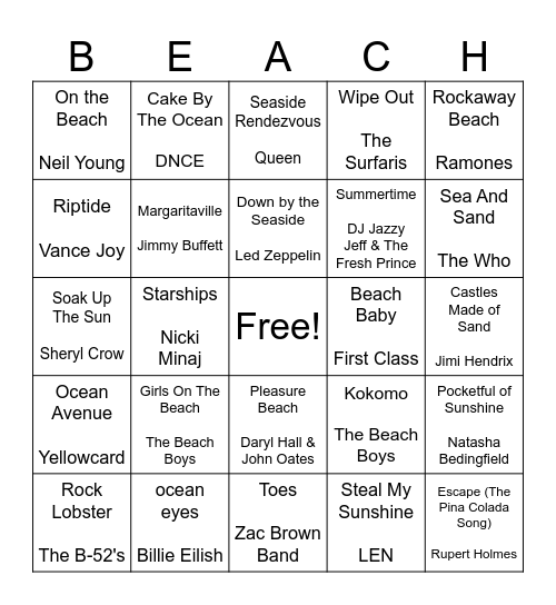 BEACH - O Bingo Card