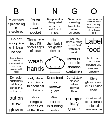 Food Handler Cross contamionation Bingo Card