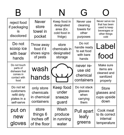 Food Handler Cross contamionation Bingo Card