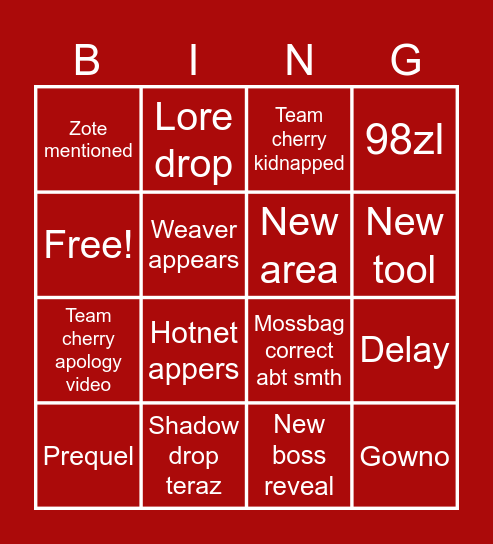 SILKSONG TOMORROW Bingo Card