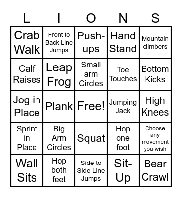 Physical Education Bingo Card