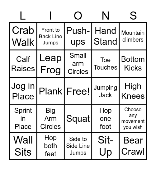 Physical Education Bingo Card