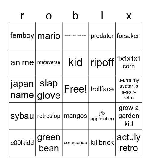 roblox bingo Card