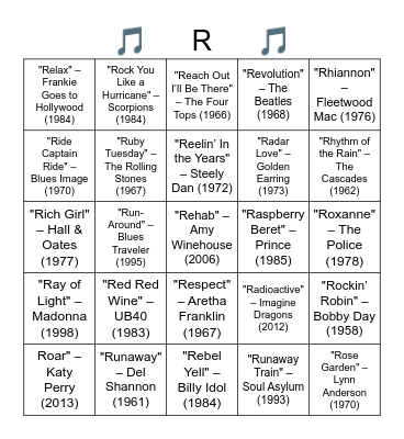 "R" You Kidding Me? Songs that begin with the letter "R" Bingo Card