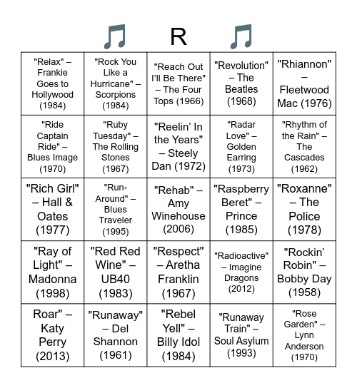 "R" You Kidding Me? Songs that begin with the letter "R" Bingo Card
