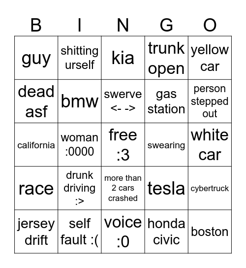 car Bingo Card