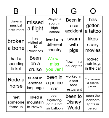 ILMS Team Bingo - Jen's Last Day Bingo Card