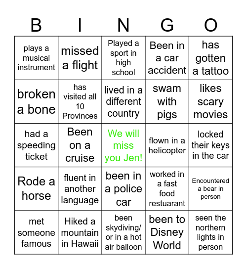 ILMS Team Bingo - Jen's Last Day Bingo Card