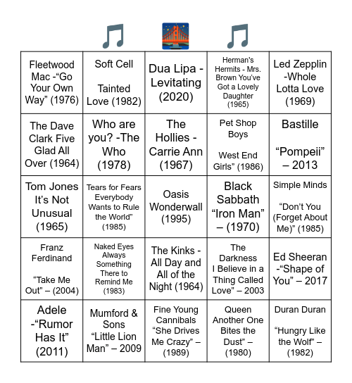 Are "U" o "K"? Songs from bands/singers from the U.K Bingo Card