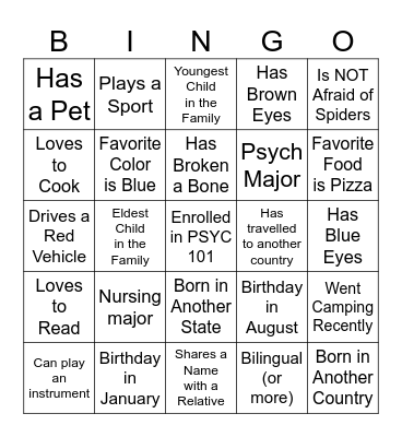 PSYC 101 Icebreaker Bingo Card