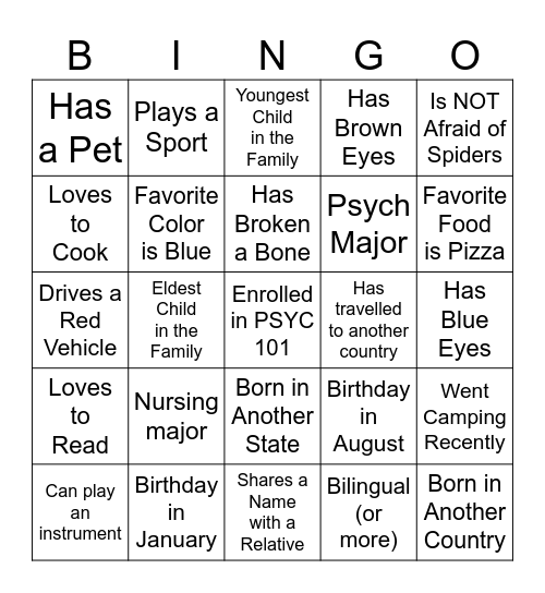 PSYC 101 Icebreaker Bingo Card