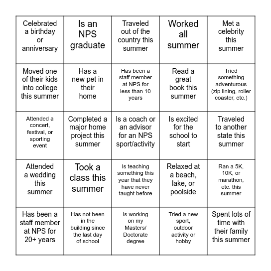 Back to School BINGO Card
