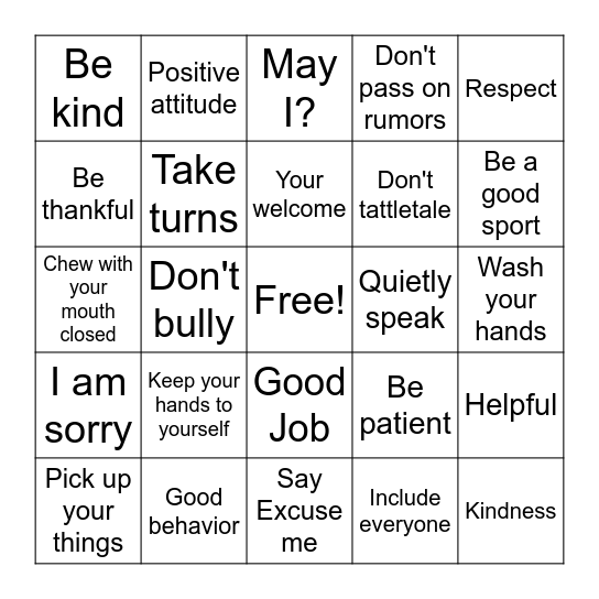 Manners Bingo Card