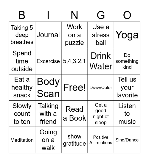 Coping Skill Bingo Card