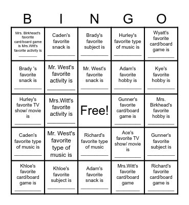 Social Skills Class 1st Hour Bingo Card