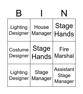 Techical Theatre Jobs Bingo Card