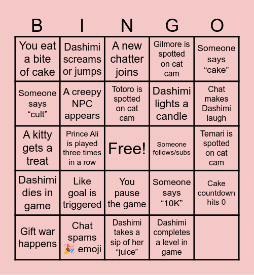 Dashimi’s 10K Celebration Bingo Card