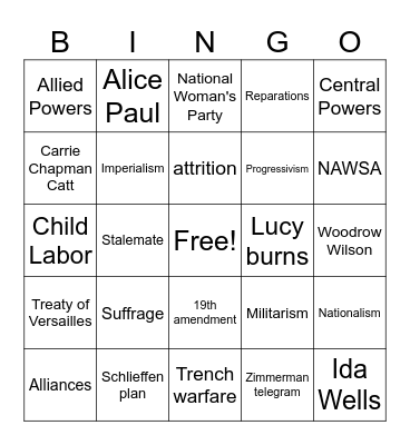 American Studies Prog-WW1 Bingo Card