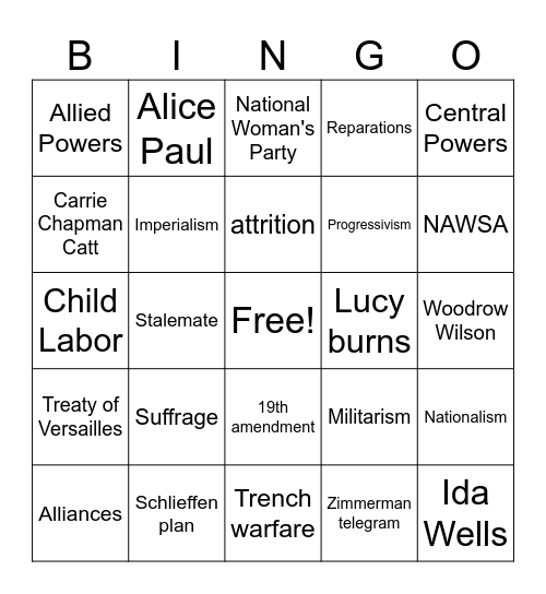 American Studies Prog-WW1 Bingo Card