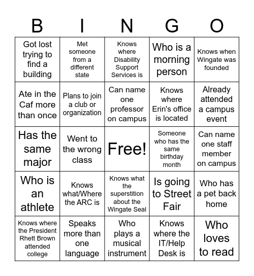 Wingate Human Bingo Card