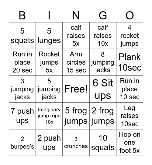 P.E. BINGO Card