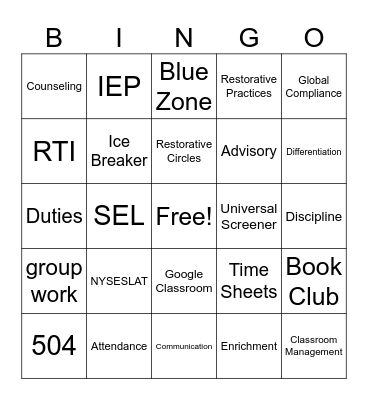 Opening Day Faculty Meeting Bingo Card