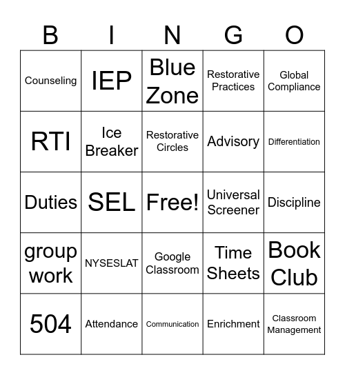 Opening Day Faculty Meeting Bingo Card