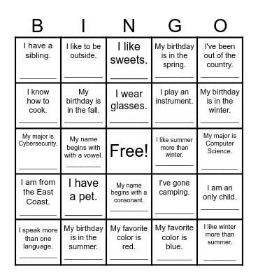 Get to Know Me Bingo Card