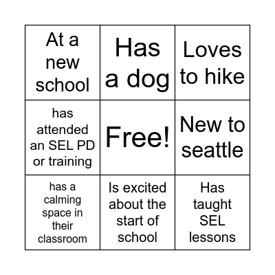 SEL Social bingo---Find someone who... Bingo Card