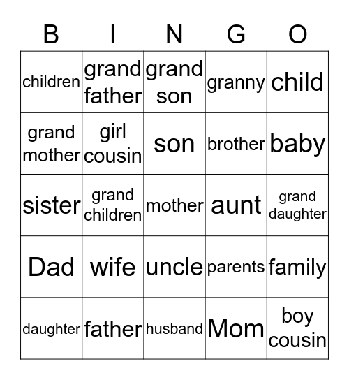 Relatives Bingo Card