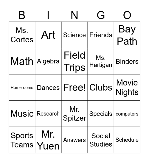 Middle School Bingo Card