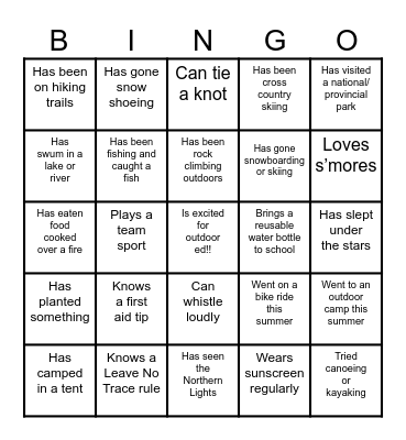 Outdoor Education BINGO Card