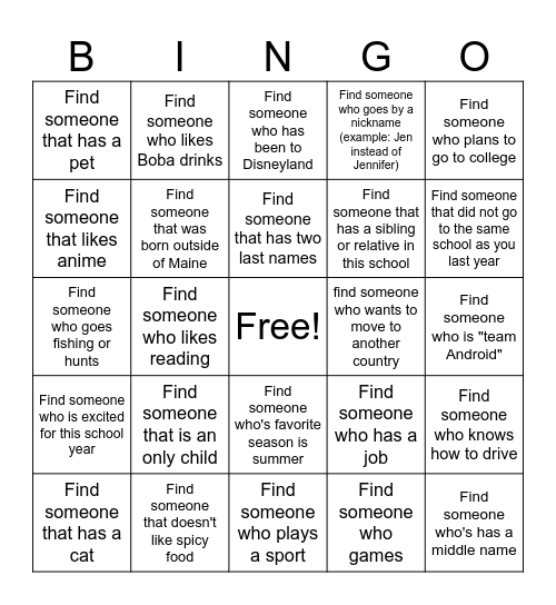 Get to Know Your Classmates Bingo Card